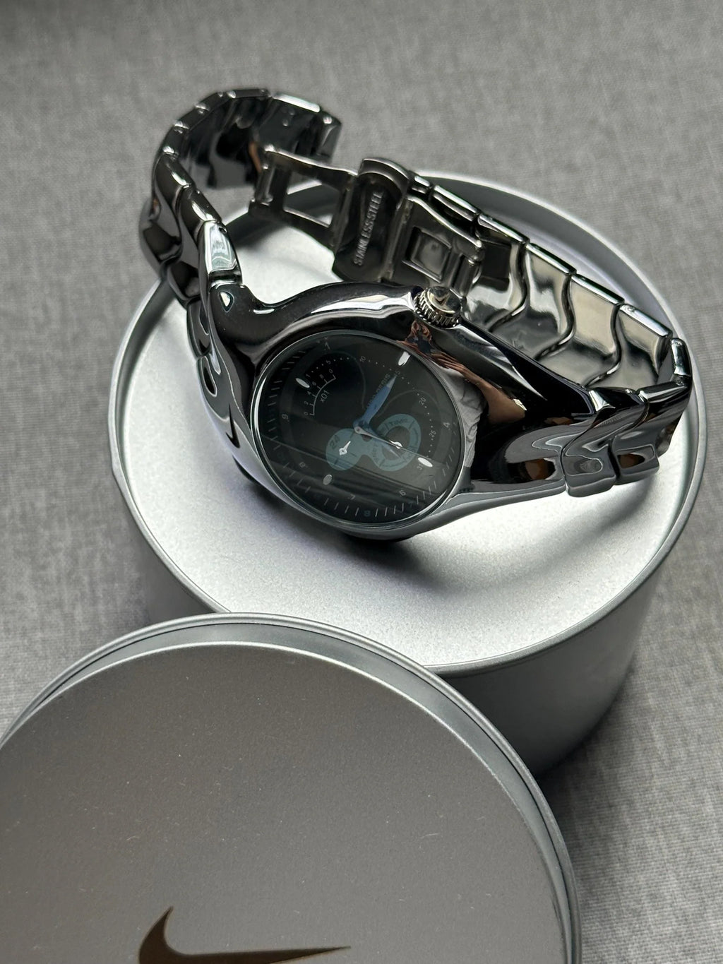 Nike Triax Chronograph Watch Shiny Silver with blue black dial